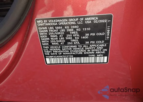 2022 Volkswagen Atlas 2.0T Sel z USA, uszkodzony, nr VIN 1V2BP2CAXNC522739